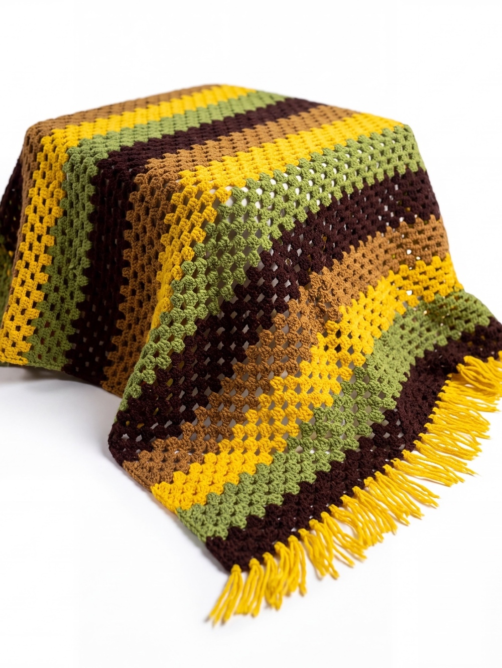 1970s Boho Crochet Throw Blanket in Earthy Stripes with Fringe Edges